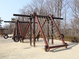 外でタイヤがぶら下がっていて網を用いられている遊具の写真