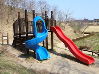 外でプラスチックの青色と赤色の滑り台の写真