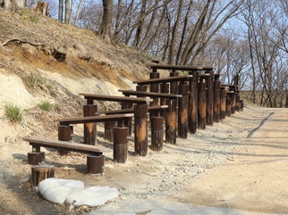 外で丸太で作られたアスレチック遊具と遠くに木がたくさん写っている写真