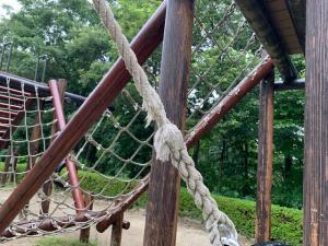 外で木製の遊具と遠くに緑色の木々が見える写真