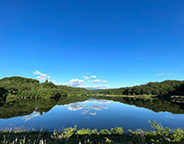 ウッドエッグ アウトドアパーク（牛野ダムキャンプ場）の青空が水面に反射している写真