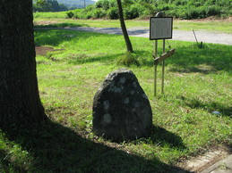 木の横にある大沓掛の追分石の写真。看板も立っている。