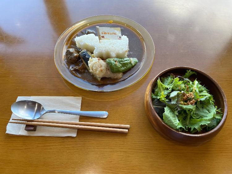 カフェブリッジで提供している牛野ダムカレーとセットのサラダの写真