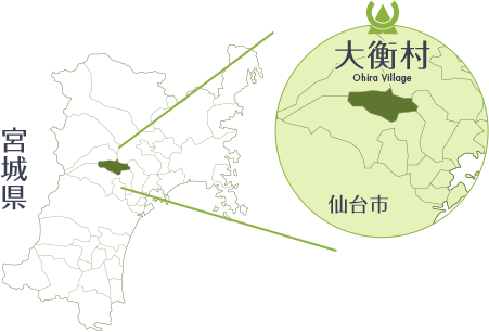 宮城県にある大衡村の位置を示す地図。仙台市の北に位置しており、村の位置を示す拡大図が付いている。