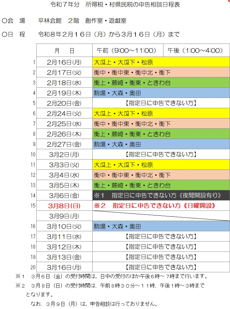 R7分申告相談日程